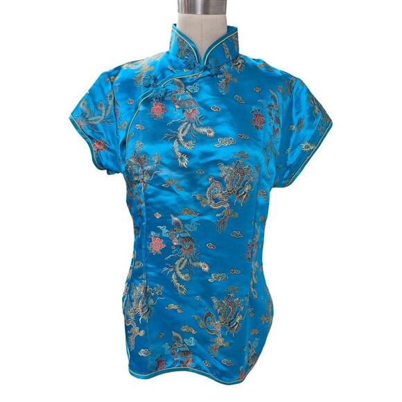 VTG Lian Lin  Qipao/Cheongsam Satin Top Turquoise Blue/Gold Sz L 5 Toe Dragons - Picture 1 of 5